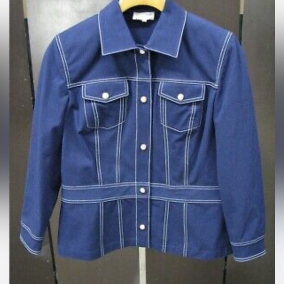 ST JOHN SPORT Navy Blue Twill Jacket Sz S Flap Pockets & White Stitching - Picture 2 of 8
